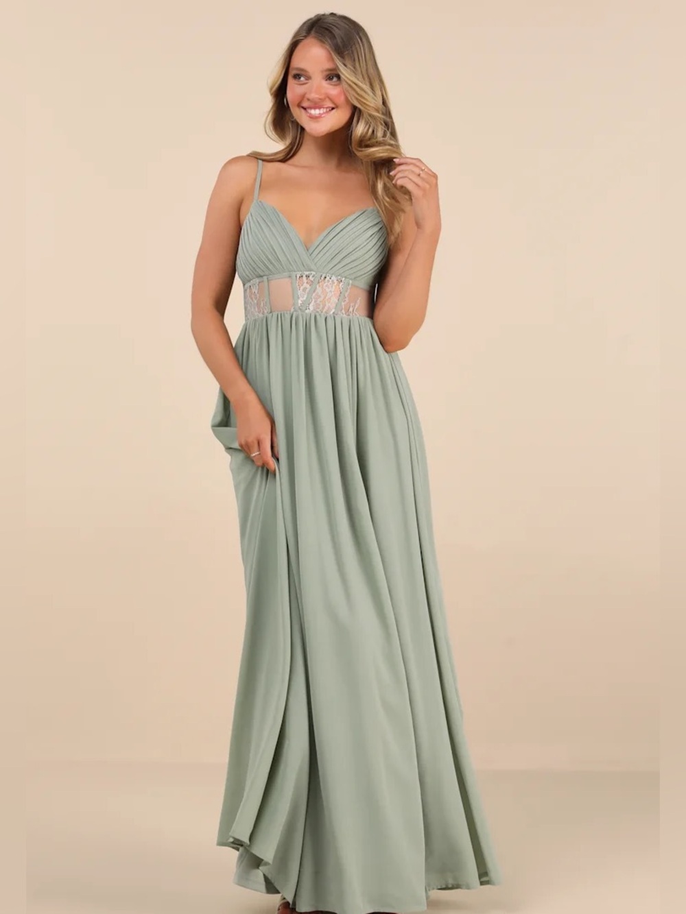 New Lulus Kaylin Sage Pleated Lace Maxi Dress Size XS